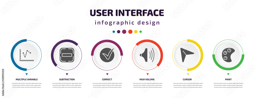 Poster user interface infographic element with icons and 6 step or option. user interface icons such as mul