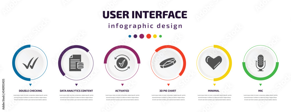 Poster user interface infographic element with icons and 6 step or option. user interface icons such as dou