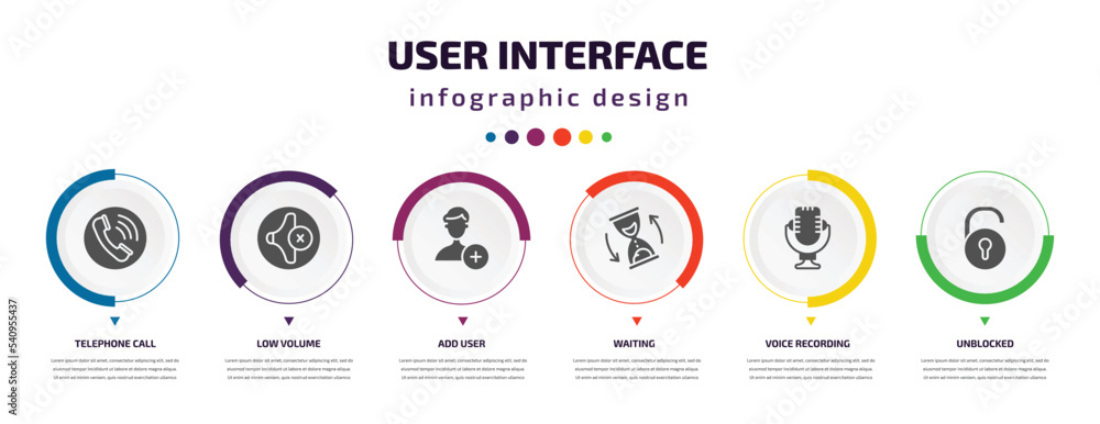 Poster user interface infographic element with icons and 6 step or option. user interface icons such as tel