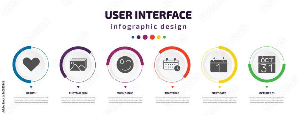 Poster user interface infographic element with icons and 6 step or option. user interface icons such as hea