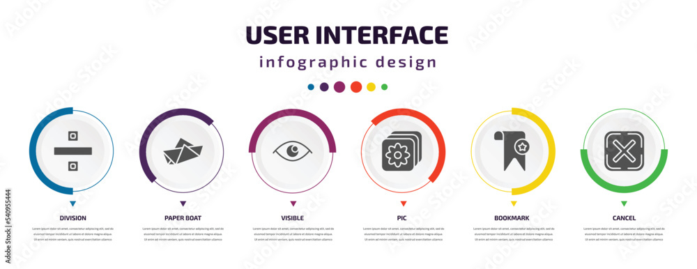 Poster user interface infographic element with icons and 6 step or option. user interface icons such as div