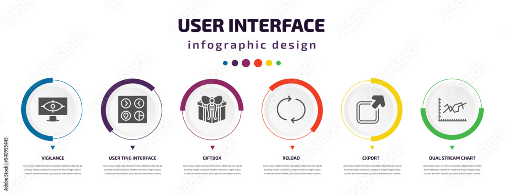 Poster user interface infographic element with icons and 6 step or option. user interface icons such as vig
