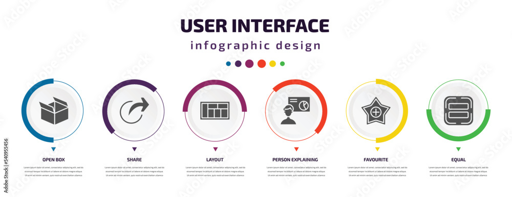Poster user interface infographic element with icons and 6 step or option. user interface icons such as ope
