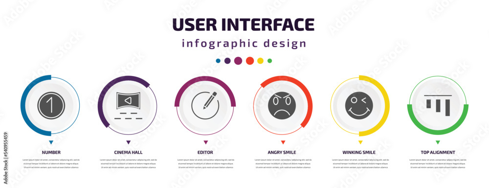 Aufkleber user interface infographic element with icons and 6 step or option. user interface icons such as num