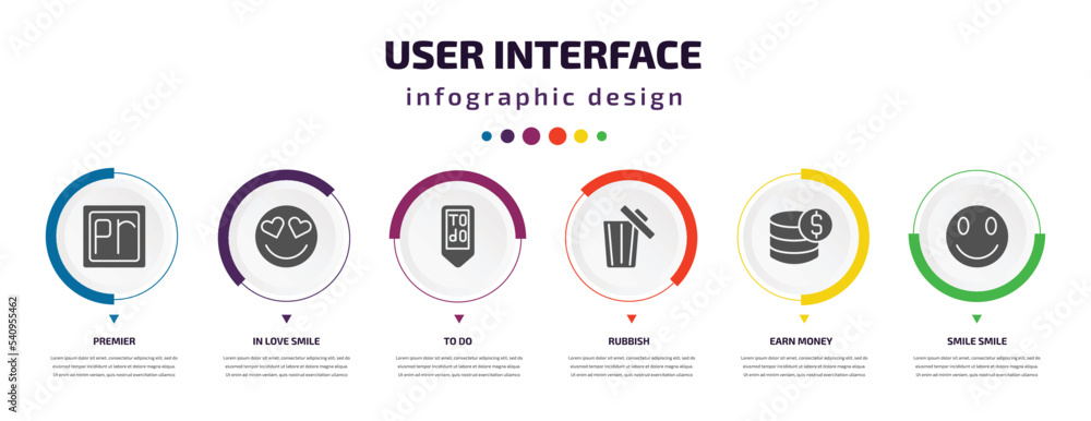 Poster user interface infographic element with icons and 6 step or option. user interface icons such as pre