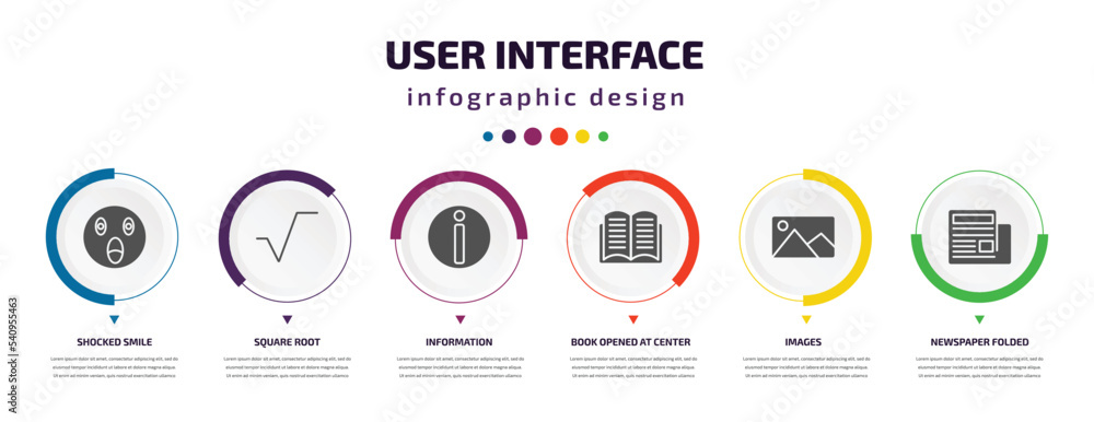 Aufkleber user interface infographic element with icons and 6 step or option. user interface icons such as sho