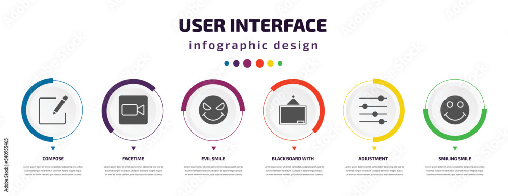 Poster user interface infographic element with icons and 6 step or option. user interface icons such as com