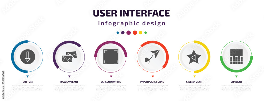 Aufkleber user interface infographic element with icons and 6 step or option. user interface icons such as bot