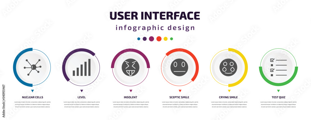 Poster user interface infographic element with icons and 6 step or option. user interface icons such as nuc