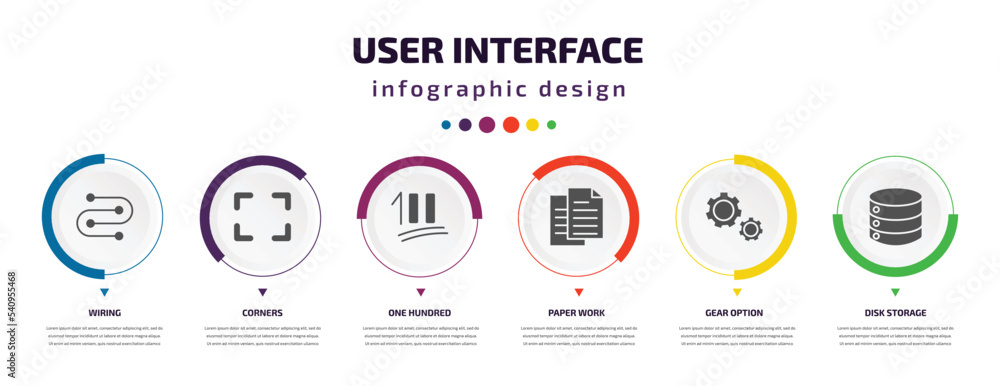 Aufkleber user interface infographic element with icons and 6 step or option. user interface icons such as wir