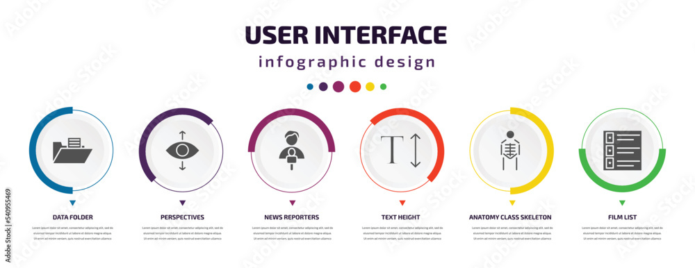 Poster user interface infographic element with icons and 6 step or option. user interface icons such as dat