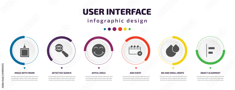 Poster user interface infographic element with icons and 6 step or option. user interface icons such as ima