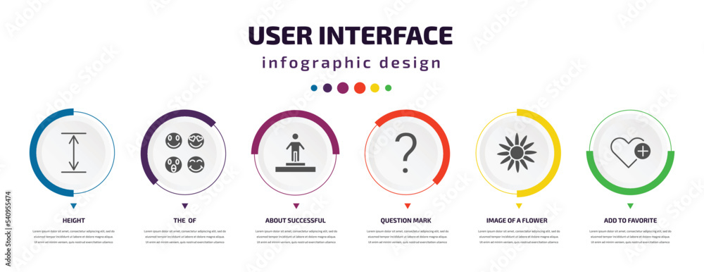 Aufkleber user interface infographic element with icons and 6 step or option. user interface icons such as hei
