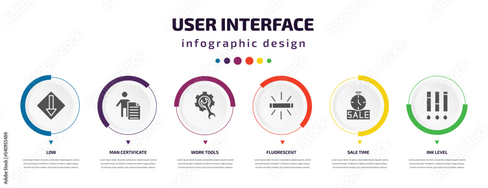 Poster user interface infographic element with icons and 6 step or option. user interface icons such as low