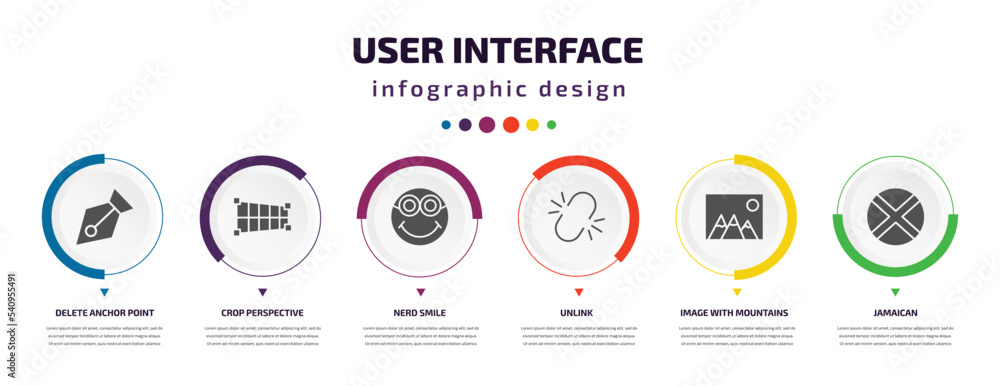 Poster user interface infographic element with icons and 6 step or option. user interface icons such as del