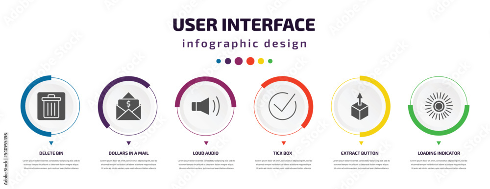 Poster user interface infographic element with icons and 6 step or option. user interface icons such as del