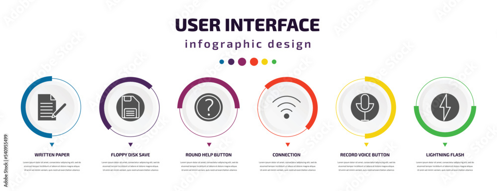 Poster user interface infographic element with icons and 6 step or option. user interface icons such as wri