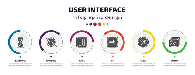 user interface infographic element with icons and 6 step or option. user interface icons such as sand clock, forbbiden, pause, go, close, gallery vector. can be used for banner, info graph, web,