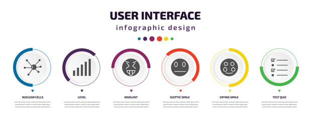 user interface infographic element with icons and 6 step or option. user interface icons such as nuclear cells, level, insolent, sceptic smile, crying smile, test quiz vector. can be used for