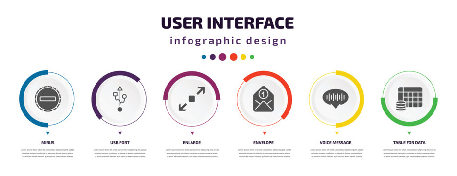 user interface infographic element with icons and 6 step or option. user interface icons such as minus, usb port, enlarge, envelope, voice message, table for data vector. can be used for banner,