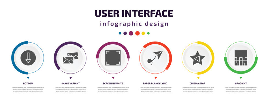 User Interface Infographic Element With Icons And 6 Step Or Option. User Interface Icons Such As Bottom, Image Variant, Screen In White, Paper Plane Flying, Cinema Star, Gradient Vector. Can Be Used