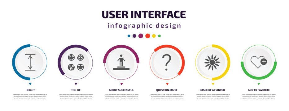 user interface infographic element with icons and 6 step or option. user interface icons such as height, the of, about successful man, question mark, image of a flower, add to favorite vector. can