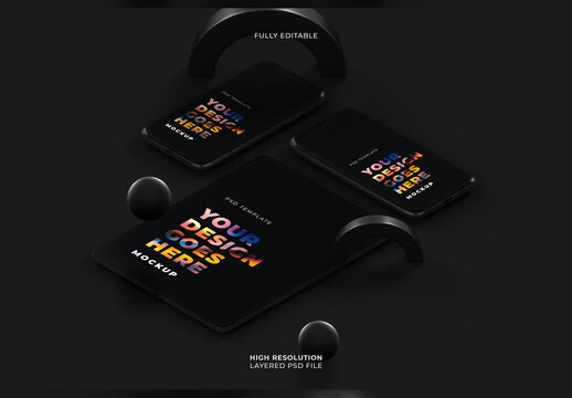 Realistic Vertical Black Smartphones Mockup with Dark Background and 3D Geometry Objects