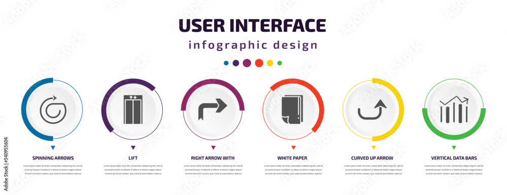 Poster user interface infographic element with icons and 6 step or option. user interface icons such as spi