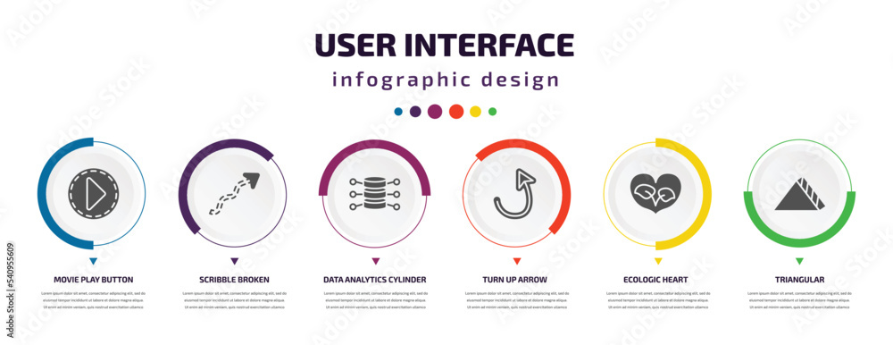 Poster user interface infographic element with icons and 6 step or option. user interface icons such as mov