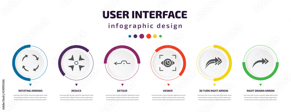 Poster user interface infographic element with icons and 6 step or option. user interface icons such as rot