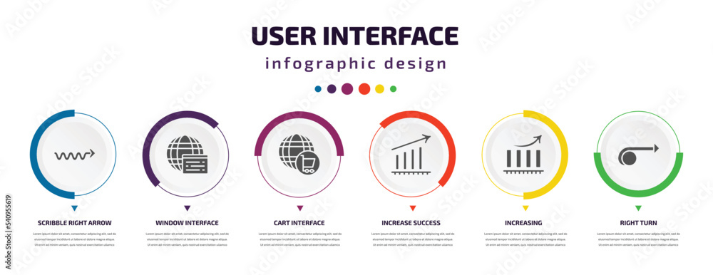 Poster user interface infographic element with icons and 6 step or option. user interface icons such as scr