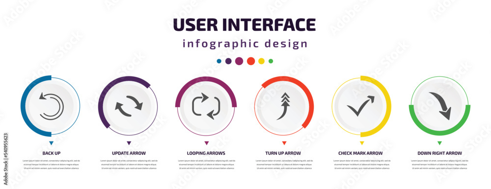 Poster user interface infographic element with icons and 6 step or option. user interface icons such as bac