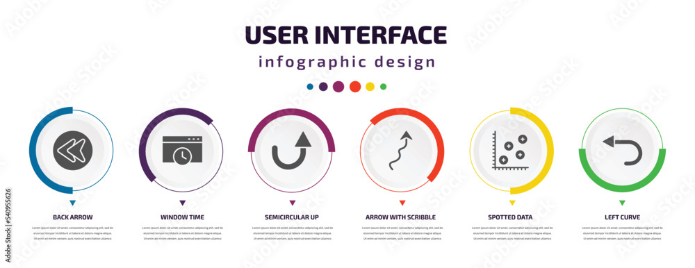 Poster user interface infographic element with icons and 6 step or option. user interface icons such as bac