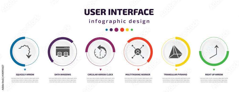 Poster user interface infographic element with icons and 6 step or option. user interface icons such as squiggly arrow, data windows, circular arrow clock, multitasking worker, triangular pyramid, right up