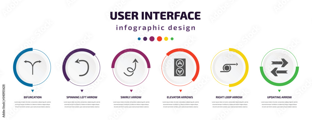 Aufkleber user interface infographic element with icons and 6 step or option. user interface icons such as bif