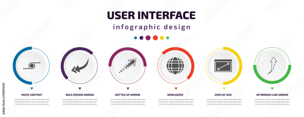 Poster user interface infographic element with icons and 6 step or option. user interface icons such as mov