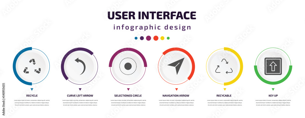 Poster user interface infographic element with icons and 6 step or option. user interface icons such as rec