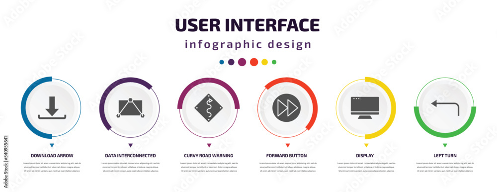 Poster user interface infographic element with icons and 6 step or option. user interface icons such as dow