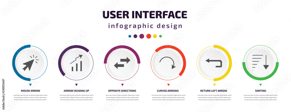 Poster user interface infographic element with icons and 6 step or option. user interface icons such as mou