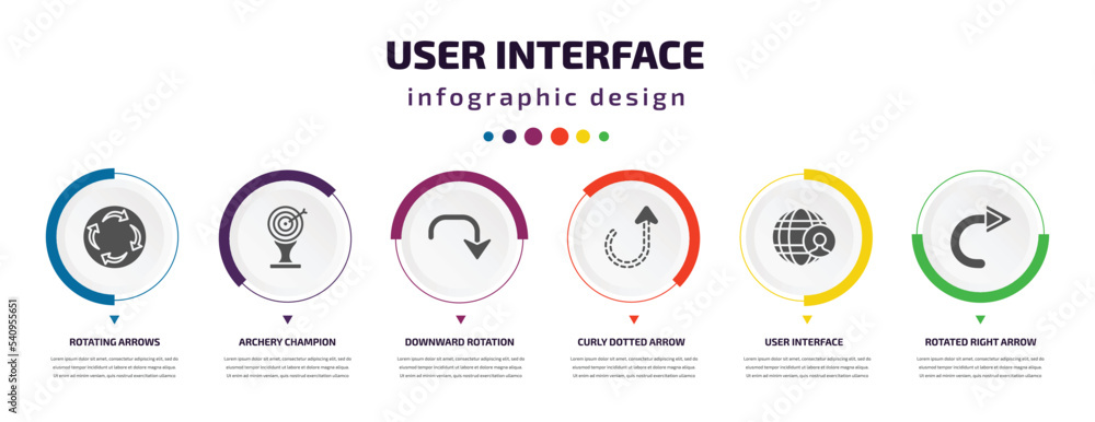 Aufkleber user interface infographic element with icons and 6 step or option. user interface icons such as rot
