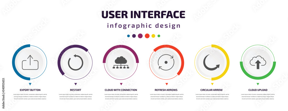 Poster user interface infographic element with icons and 6 step or option. user interface icons such as exp