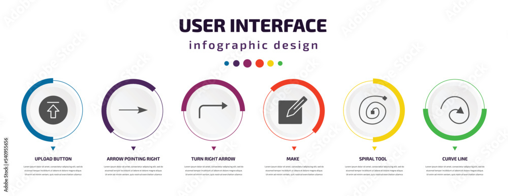 Poster user interface infographic element with icons and 6 step or option. user interface icons such as upl