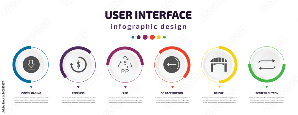 Poster user interface infographic element with icons and 6 step or option. user interface icons such as dow