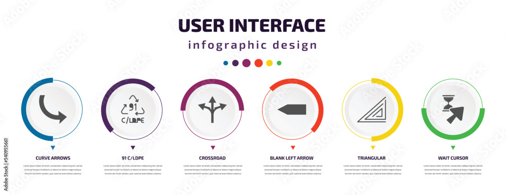 Poster user interface infographic element with icons and 6 step or option. user interface icons such as cur