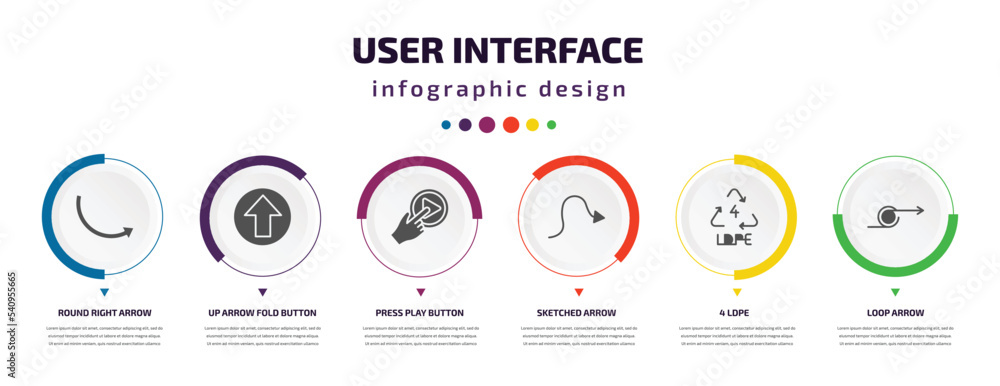 Poster user interface infographic element with icons and 6 step or option. user interface icons such as rou