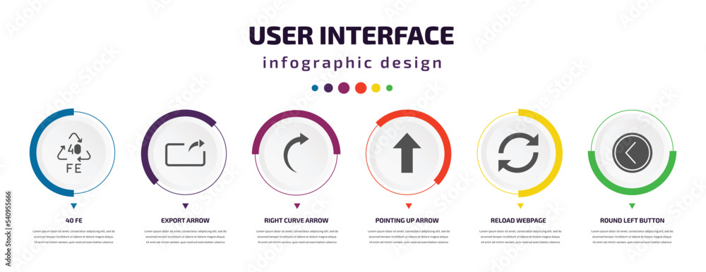 Poster user interface infographic element with icons and 6 step or option. user interface icons such as 40 