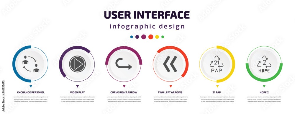 Poster user interface infographic element with icons and 6 step or option. user interface icons such as exc