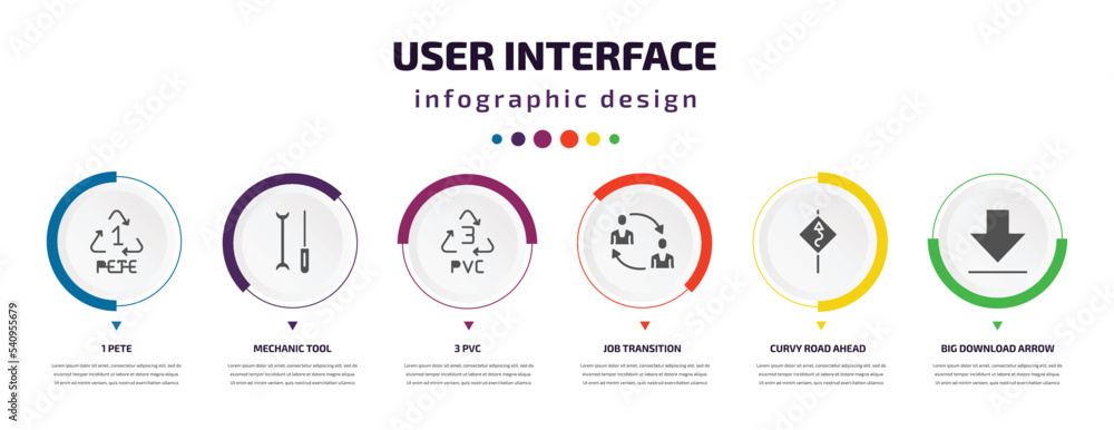 Poster user interface infographic element with icons and 6 step or option. user interface icons such as 1 p