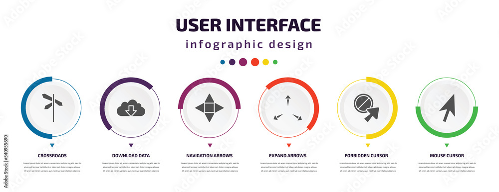 Poster user interface infographic element with icons and 6 step or option. user interface icons such as cro