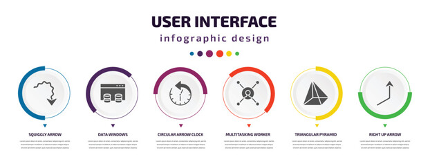 user interface infographic element with icons and 6 step or option. user interface icons such as squiggly arrow, data windows, circular arrow clock, multitasking worker, triangular pyramid, right up